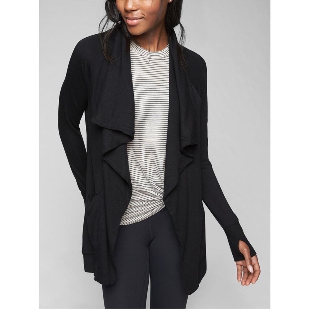 Athleta Studio Wrap Open Front Waterfall Cardigan Black Size Medium